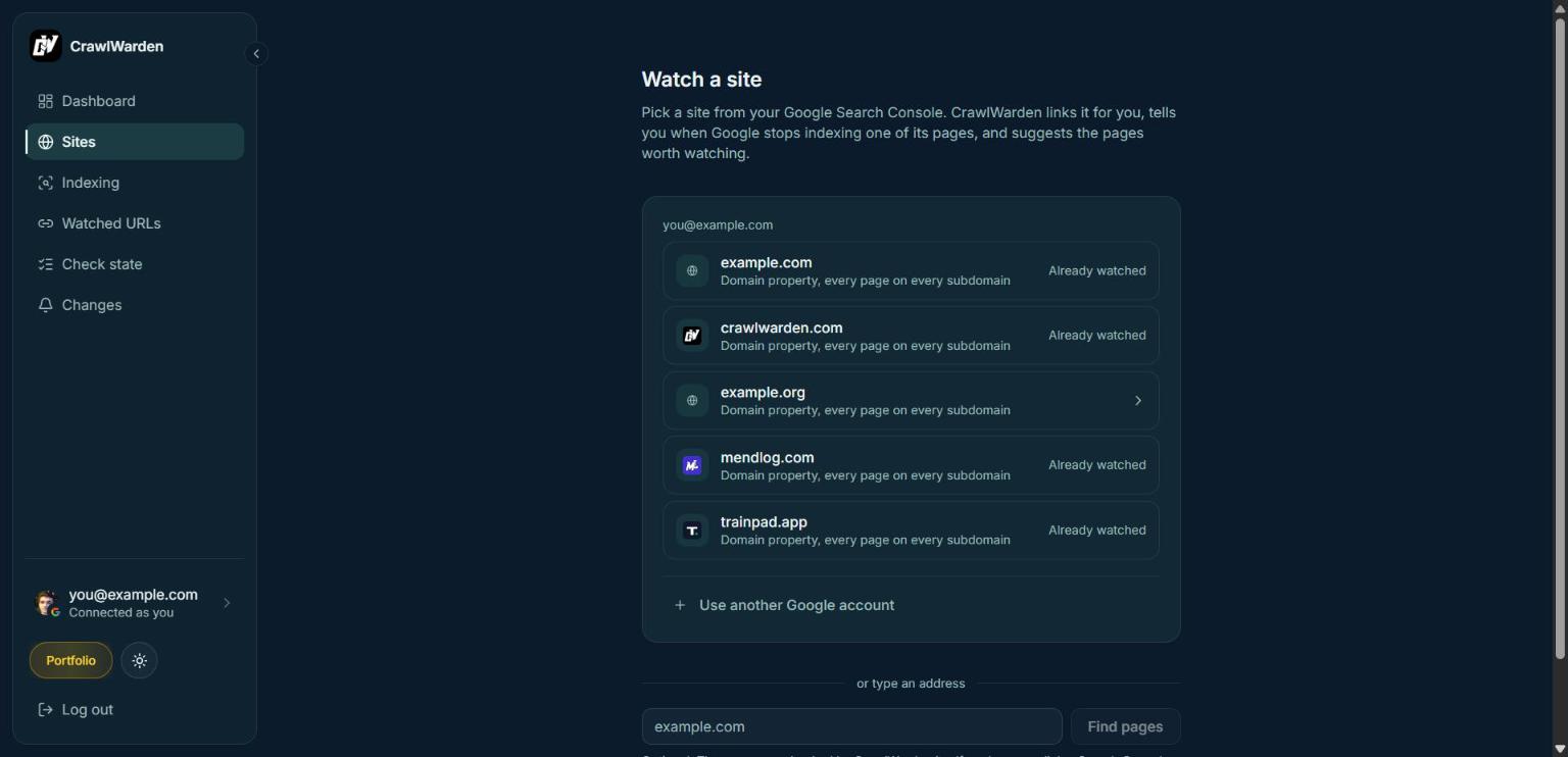 The "Watch a site" screen: the Search Console properties on the connected Google account, each one a domain property, most of them already watched, with a box underneath to type an address instead.