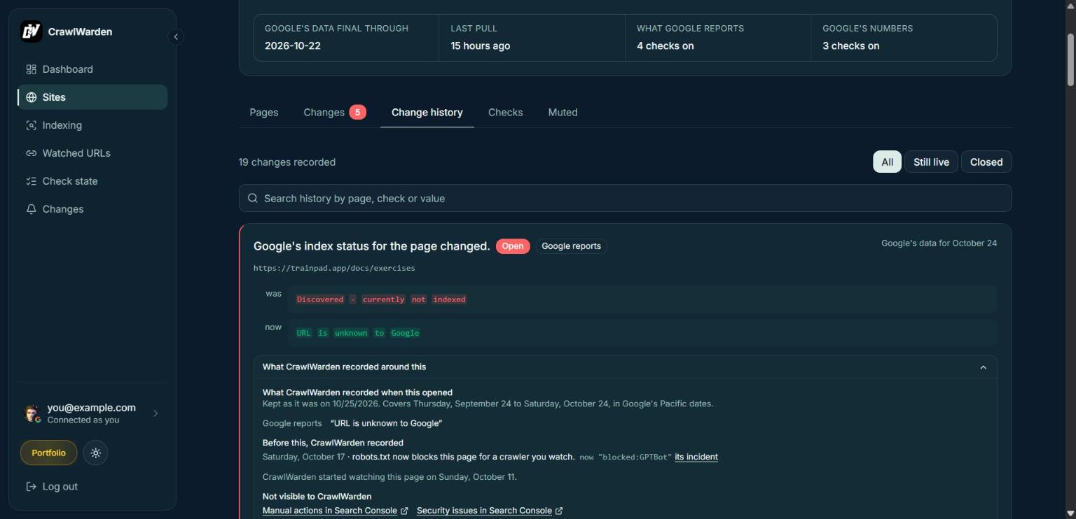 A site's change history: Google's index status for a page went from “Discovered - currently not indexed” to “URL is unknown to Google”, and under it CrawlWarden's own record that robots.txt began blocking that page for a watched crawler a week earlier.