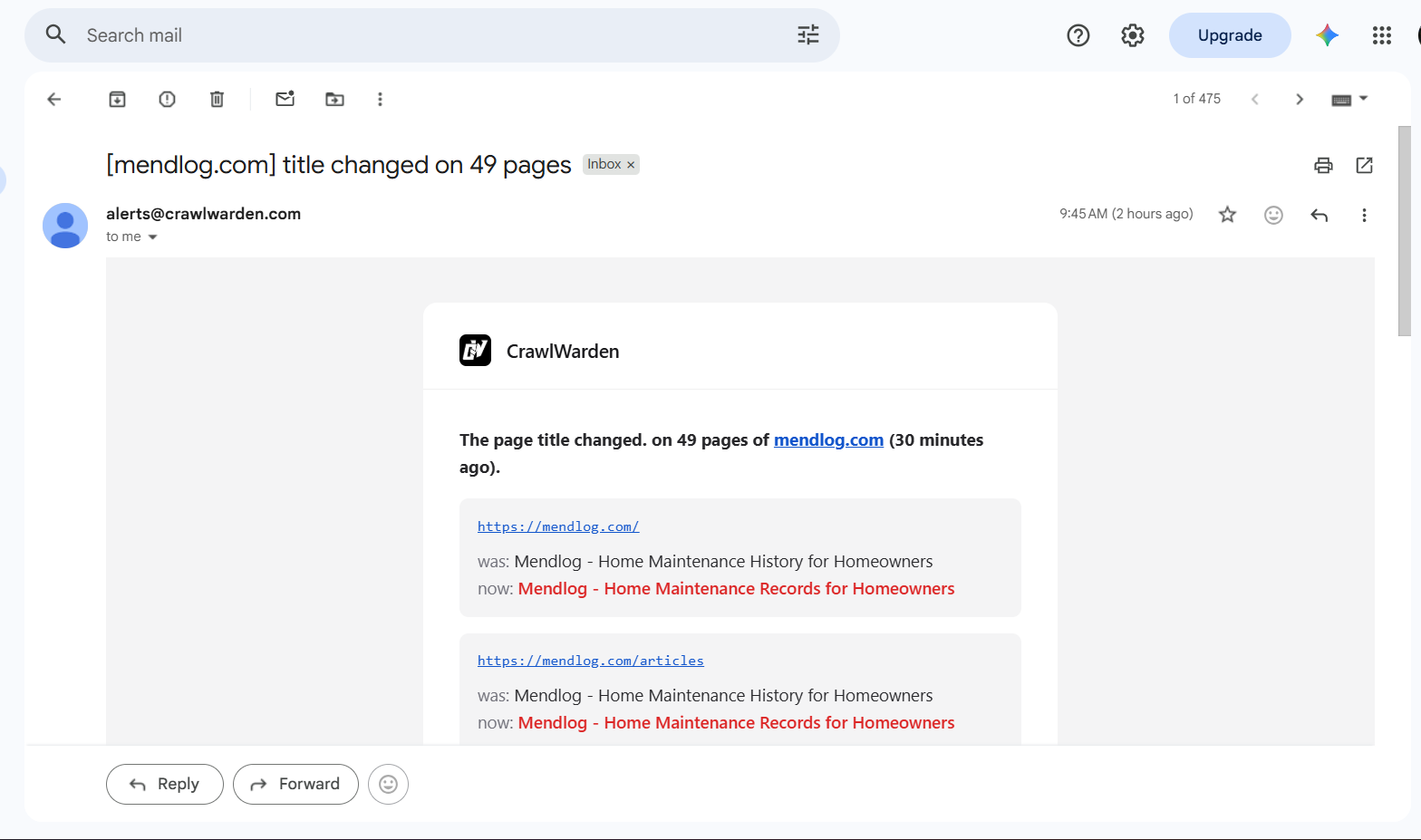 An alert email in an inbox, listing each affected URL with its old and new page title.